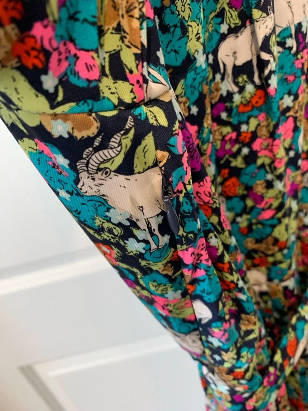 J. Crew Teal Floral “ Grazing Goats”  Long Sleeve Shirt Dress with Belt 0 NWOT